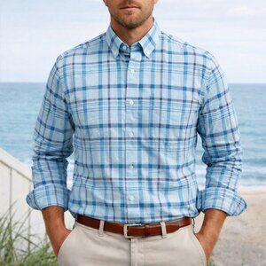 Tailorbyrd Collection Mens L Blue Plaid Button Down Shirt Cotton Long Sleeve